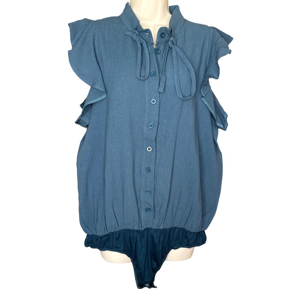 Unique Vintage Tulip B Blue Texture Flutter Sleeve Bodysuit Top XL NWT